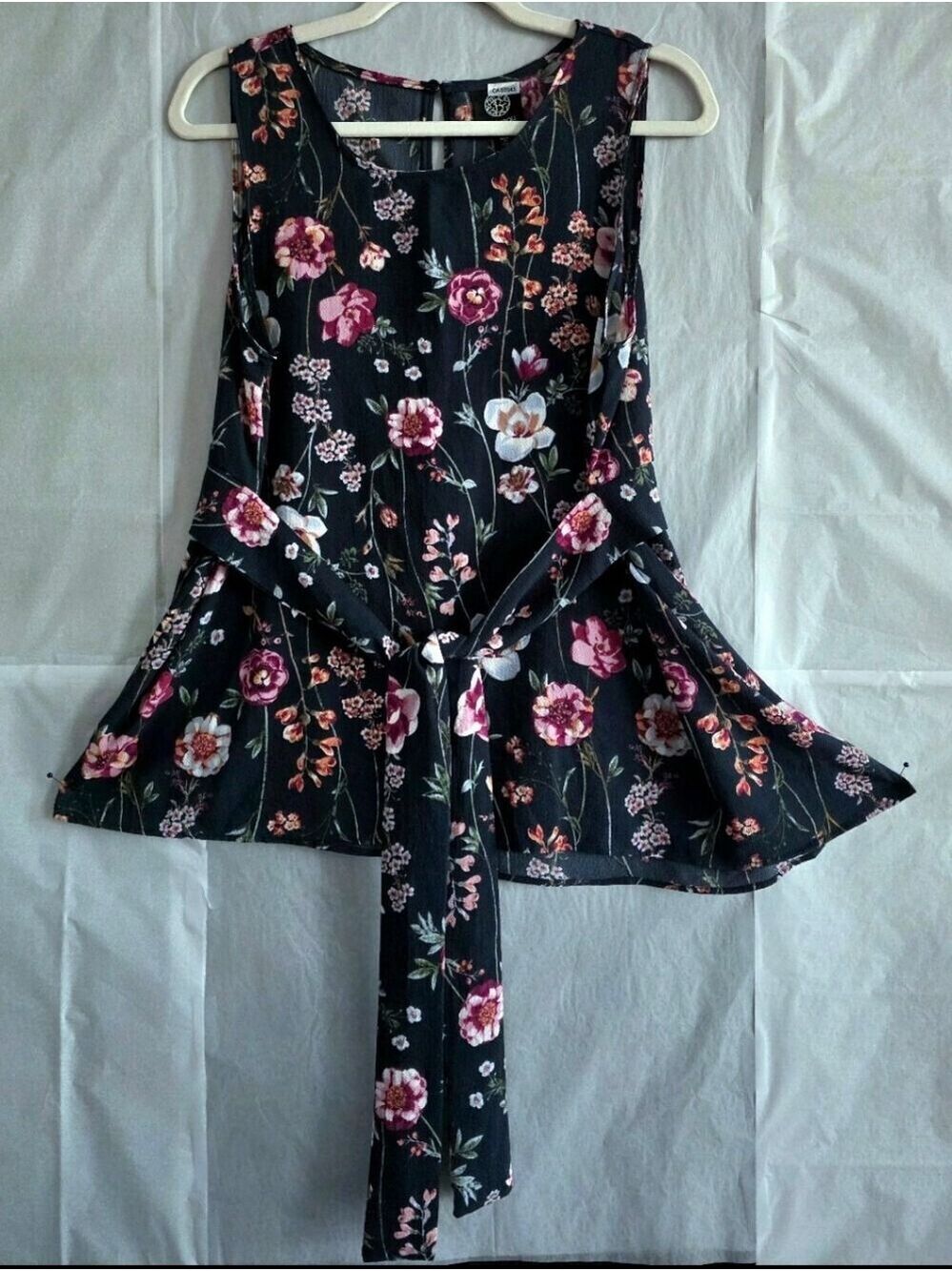 Bobeau Moody Boho Floral Sleeveless Blouse Sash Tie Waist Asymmetric Draped Hem